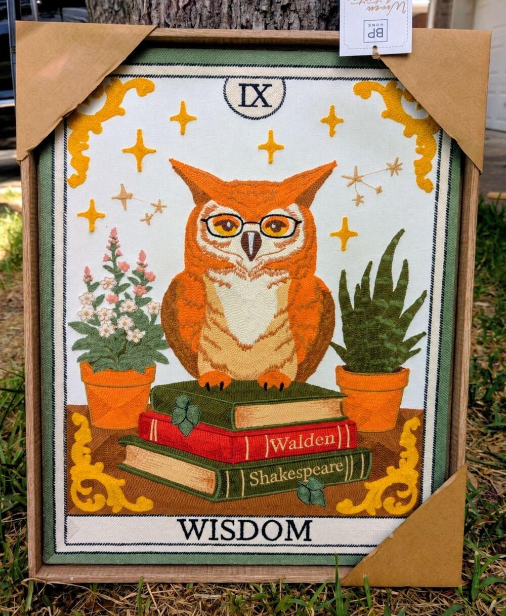 BP Home Wall Art Tarot Wisdom Owl Plants Books Celestial Embroidered Wood